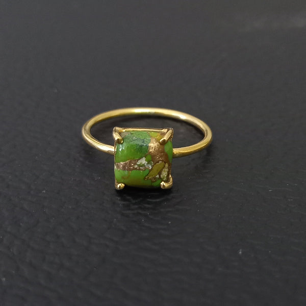 Gold Plated Top Quality GREEN COPPER TURQUOISE Cushion Solitaire Ring, 925 Sterling Silver Prong Ring, Green Turquoise Gemstone Silver Ring