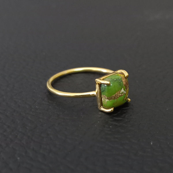 Gold Plated Top Quality GREEN COPPER TURQUOISE Cushion Solitaire Ring, 925 Sterling Silver Prong Ring, Green Turquoise Gemstone Silver Ring