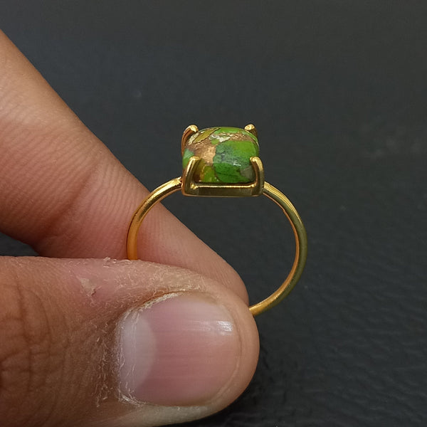 Gold Plated Top Quality GREEN COPPER TURQUOISE Cushion Solitaire Ring, 925 Sterling Silver Prong Ring, Green Turquoise Gemstone Silver Ring