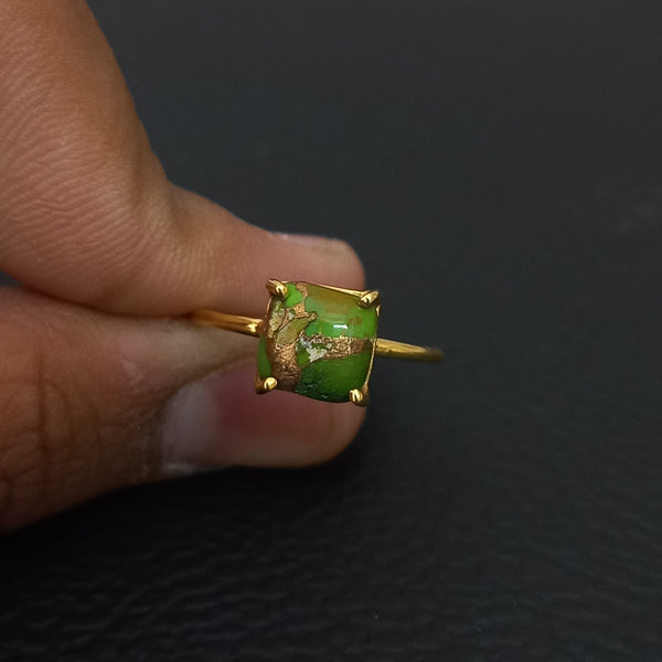 Gold Plated Top Quality GREEN COPPER TURQUOISE Cushion Solitaire Ring, 925 Sterling Silver Prong Ring, Green Turquoise Gemstone Silver Ring