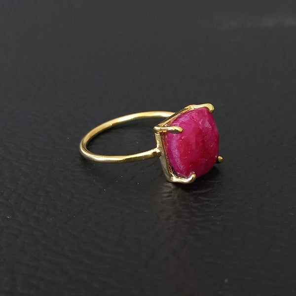 Gold Plated Amazing RED RUBY Cushion Silver Solitaire Ring, 925 Sterling Silver Prong Ring, Red Ruby Cushion Cut Gemstone Silver Ring