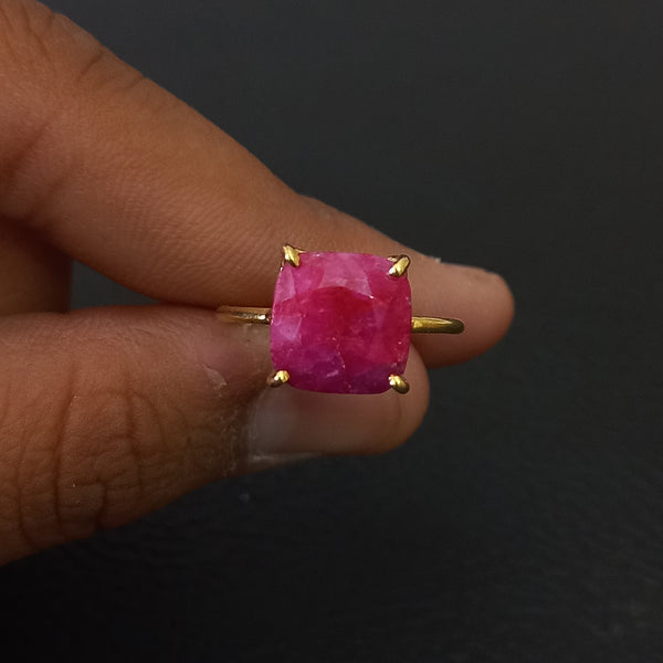 Gold Plated Amazing RED RUBY Cushion Silver Solitaire Ring, 925 Sterling Silver Prong Ring, Red Ruby Cushion Cut Gemstone Silver Ring