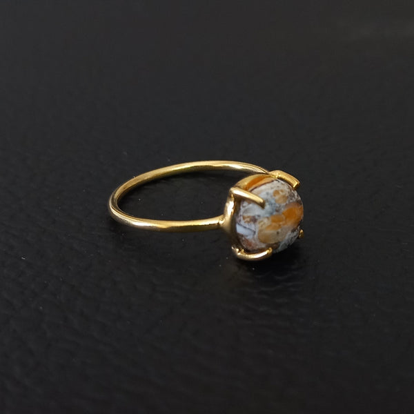 Gold Plated Desirable OYSTER COPPER TURQUOISE Round Solitaire Ring, 925 Sterling Silver Prong Ring, Turquoise Cabochon Gemstone Silver Ring