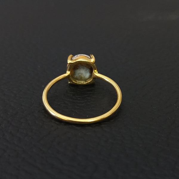 Gold Plated Desirable OYSTER COPPER TURQUOISE Round Solitaire Ring, 925 Sterling Silver Prong Ring, Turquoise Cabochon Gemstone Silver Ring