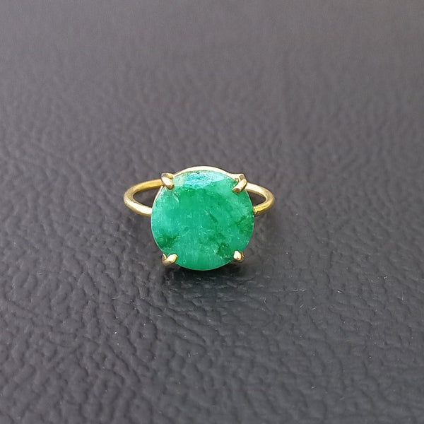 Gold Plated Amazing EMERALD Round Silver Solitaire Ring, 925 Sterling Silver Prong Ring, EMERALD Round Cut Gemstone Silver Ring, DIY Jewelry
