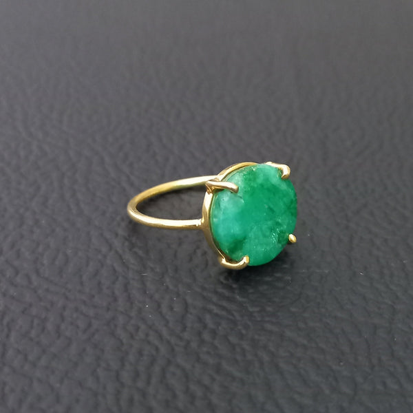 Gold Plated Amazing EMERALD Round Silver Solitaire Ring, 925 Sterling Silver Prong Ring, EMERALD Round Cut Gemstone Silver Ring, DIY Jewelry