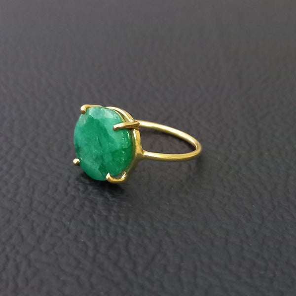 Gold Plated Amazing EMERALD Round Silver Solitaire Ring, 925 Sterling Silver Prong Ring, EMERALD Round Cut Gemstone Silver Ring, DIY Jewelry