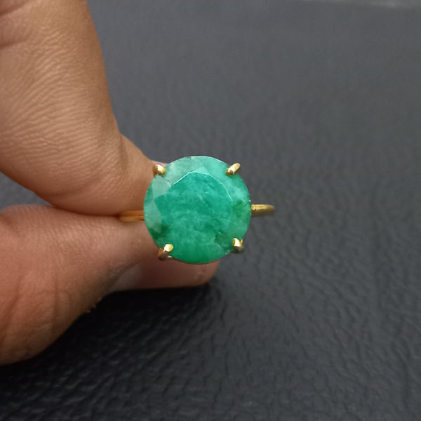 Gold Plated Amazing EMERALD Round Silver Solitaire Ring, 925 Sterling Silver Prong Ring, EMERALD Round Cut Gemstone Silver Ring, DIY Jewelry