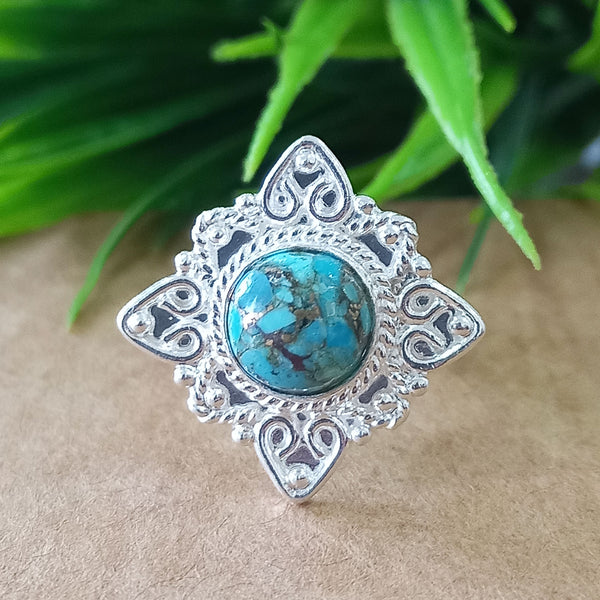 Natural Blue Copper Turquoise New Design Round Stone Ring, 925 Sterling Silver Round Turquoise Ring, Turquoise Round Ring, Statement Ring
