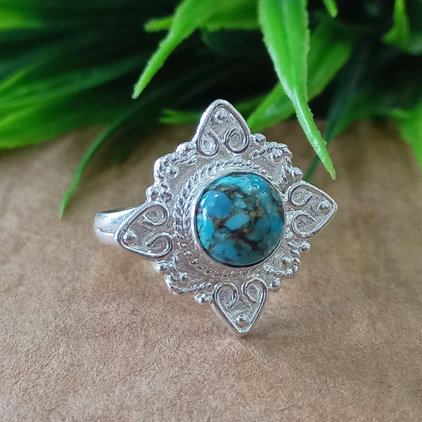 Natural Blue Copper Turquoise New Design Round Stone Ring, 925 Sterling Silver Round Turquoise Ring, Turquoise Round Ring, Statement Ring