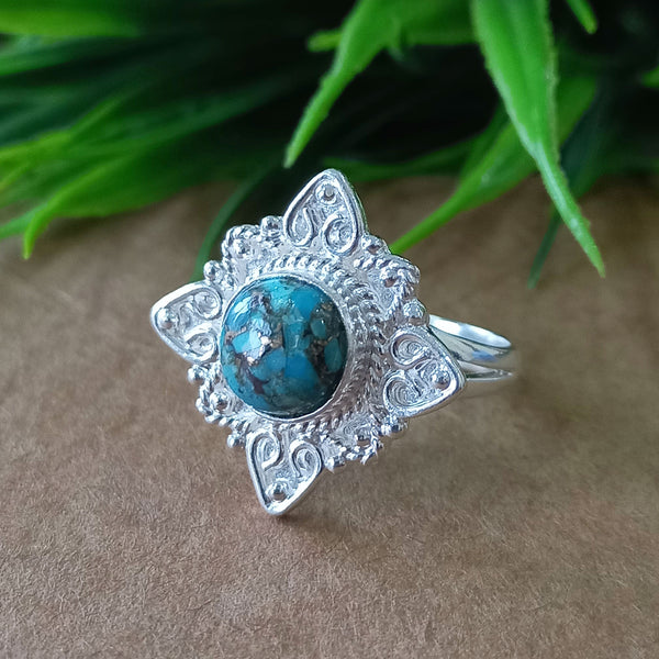 Natural Blue Copper Turquoise New Design Round Stone Ring, 925 Sterling Silver Round Turquoise Ring, Turquoise Round Ring, Statement Ring