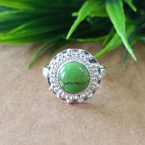 Natural Green Copper Turquoise New Design Round Stone Ring, 925 Sterling Silver Round Turquoise Ring, Turquoise Round Ring, Statement Ring