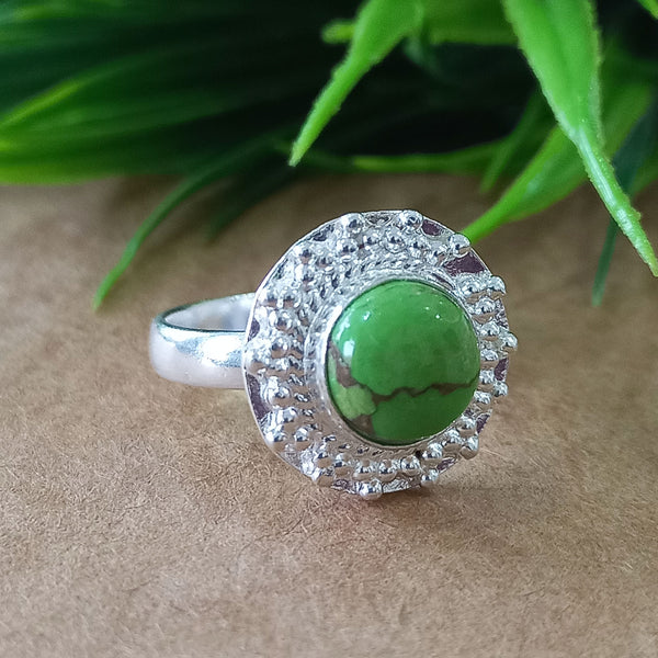 Natural Green Copper Turquoise New Design Round Stone Ring, 925 Sterling Silver Round Turquoise Ring, Turquoise Round Ring, Statement Ring