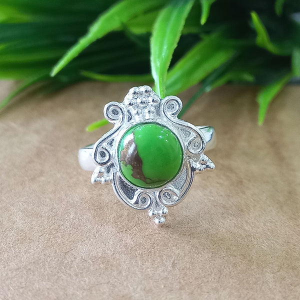Natural Green Copper Turquoise New Design Round Stone Ring, 925 Sterling Silver Round Turquoise Ring, Turquoise Round Ring, Statement Ring