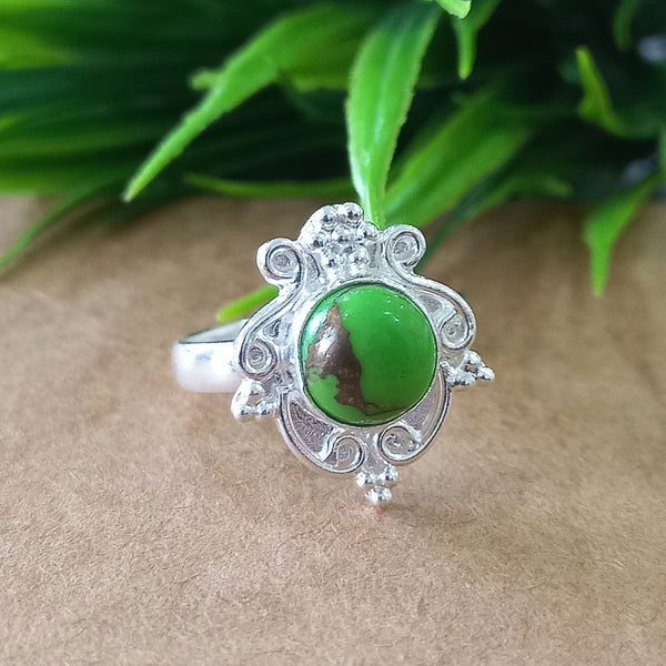 Natural Green Copper Turquoise New Design Round Stone Ring, 925 Sterling Silver Round Turquoise Ring, Turquoise Round Ring, Statement Ring