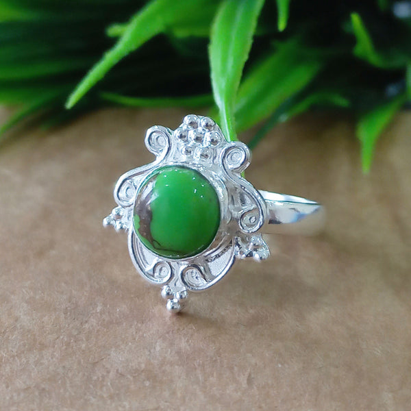 Natural Green Copper Turquoise New Design Round Stone Ring, 925 Sterling Silver Round Turquoise Ring, Turquoise Round Ring, Statement Ring