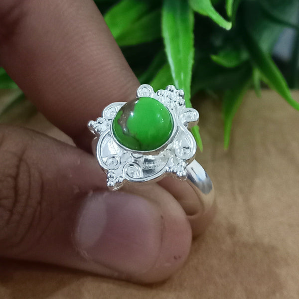 Natural Green Copper Turquoise New Design Round Stone Ring, 925 Sterling Silver Round Turquoise Ring, Turquoise Round Ring, Statement Ring