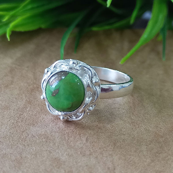 Natural Green Copper Turquoise New Design Round Stone Ring, 925 Sterling Silver Round Turquoise Ring, Turquoise Round Ring, Statement Ring