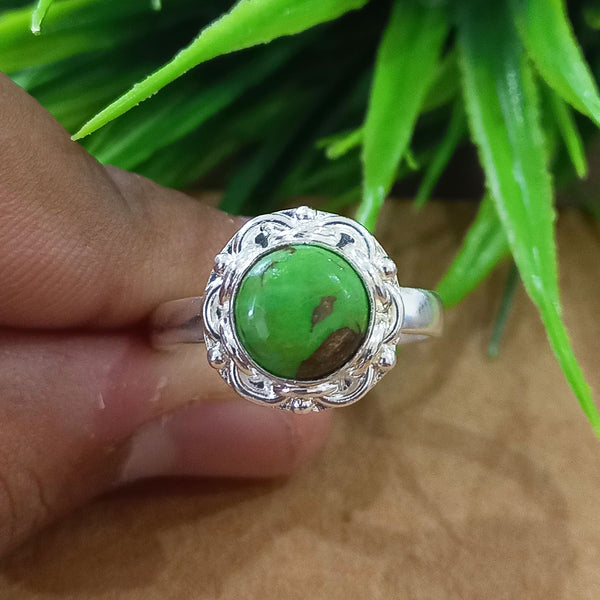 Natural Green Copper Turquoise New Design Round Stone Ring, 925 Sterling Silver Round Turquoise Ring, Turquoise Round Ring, Statement Ring