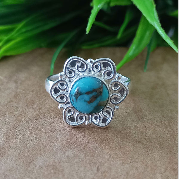 Natural Blue Copper Turquoise New Design Round Stone Ring, 925 Sterling Silver Round Turquoise Ring, Turquoise Round Ring, Statement Ring