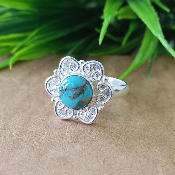 Natural Blue Copper Turquoise New Design Round Stone Ring, 925 Sterling Silver Round Turquoise Ring, Turquoise Round Ring, Statement Ring