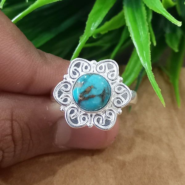 Natural Blue Copper Turquoise New Design Round Stone Ring, 925 Sterling Silver Round Turquoise Ring, Turquoise Round Ring, Statement Ring
