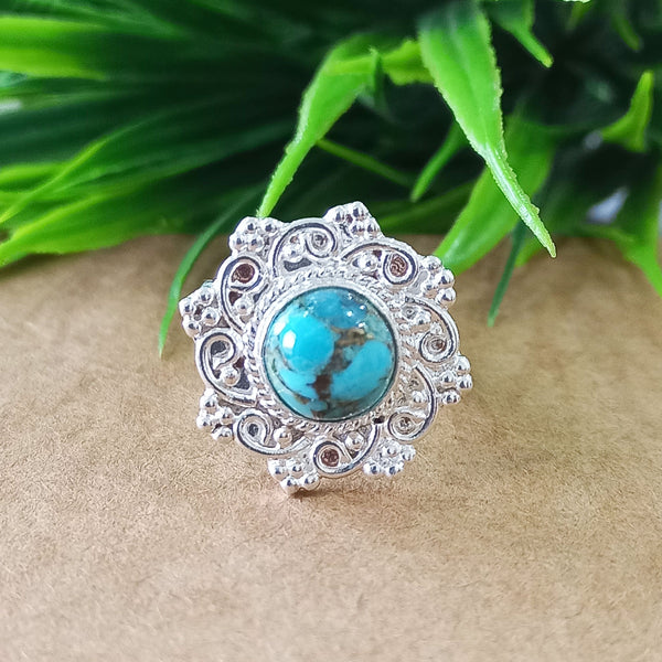 Natural Blue Copper Turquoise New Design Round Stone Ring, 925 Sterling Silver Round Turquoise Ring, Turquoise Round Ring, Statement Ring