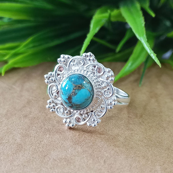 Natural Blue Copper Turquoise New Design Round Stone Ring, 925 Sterling Silver Round Turquoise Ring, Turquoise Round Ring, Statement Ring