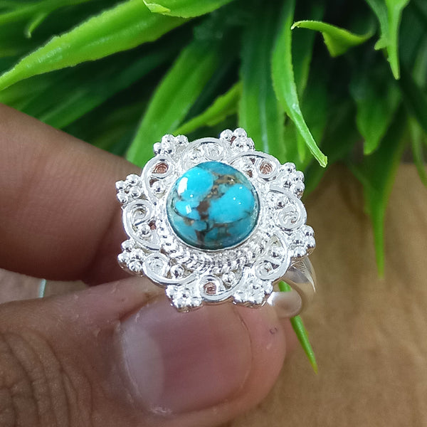Natural Blue Copper Turquoise New Design Round Stone Ring, 925 Sterling Silver Round Turquoise Ring, Turquoise Round Ring, Statement Ring