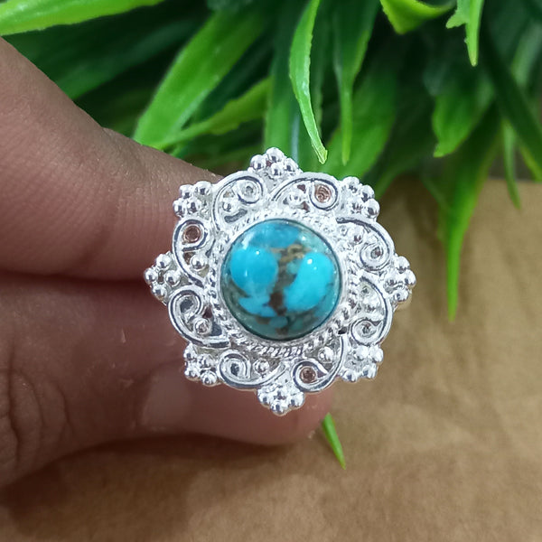 Natural Blue Copper Turquoise New Design Round Stone Ring, 925 Sterling Silver Round Turquoise Ring, Turquoise Round Ring, Statement Ring