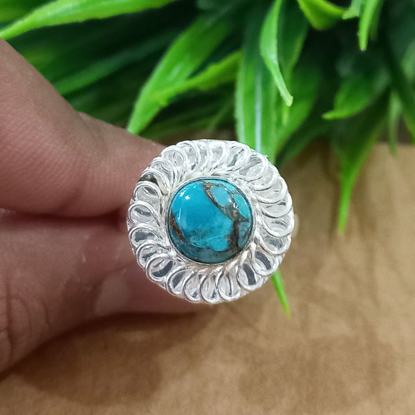 Natural Blue Copper Turquoise New Design Round Stone Ring, 925 Sterling Silver Round Turquoise Ring, Turquoise Round Ring, Statement Ring