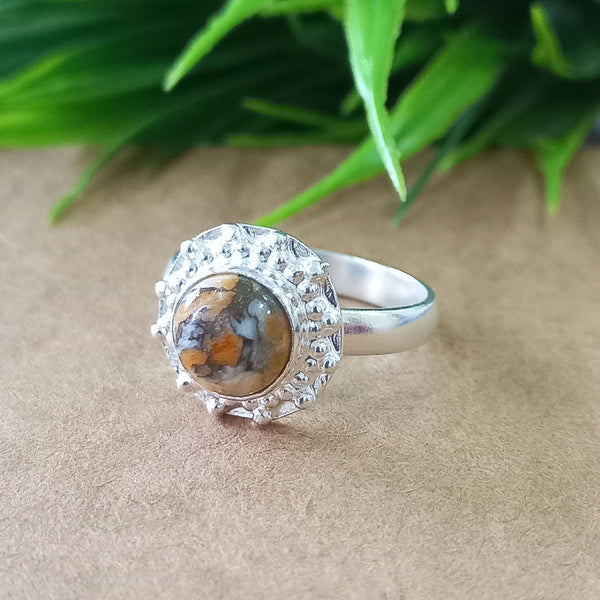 Natural Oyster Copper Turquoise New Design Round Stone Ring, 925 Sterling Silver Round Turquoise Ring, Turquoise Round Ring, Statement Ring