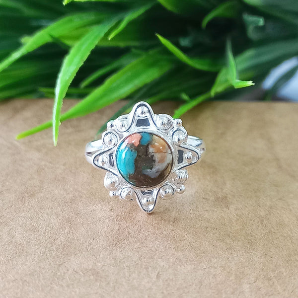 Natural Oyster Copper Turquoise New Design Round Stone Ring, 925 Sterling Silver Round Turquoise Ring, Turquoise Round Ring, Statement Ring