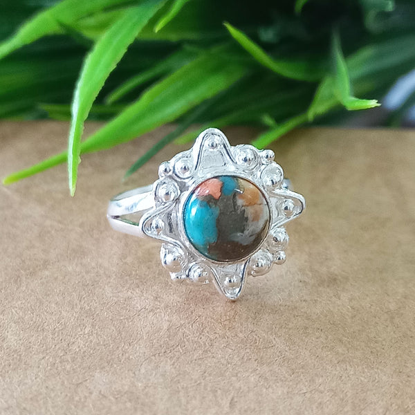 Natural Oyster Copper Turquoise New Design Round Stone Ring, 925 Sterling Silver Round Turquoise Ring, Turquoise Round Ring, Statement Ring
