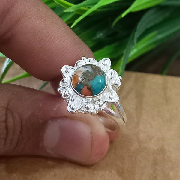 Natural Oyster Copper Turquoise New Design Round Stone Ring, 925 Sterling Silver Round Turquoise Ring, Turquoise Round Ring, Statement Ring