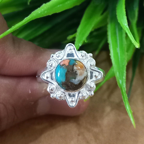 Natural Oyster Copper Turquoise New Design Round Stone Ring, 925 Sterling Silver Round Turquoise Ring, Turquoise Round Ring, Statement Ring
