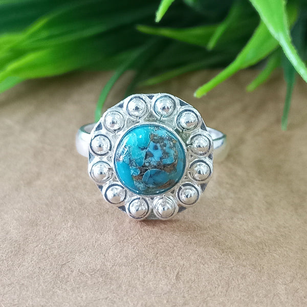 925 Sterling Silver Statement Ring, NEW ARRIVAL Natural Blue Copper Turquoise Round Silver Ring, Turquoise Silver Ring, Gemstone Ring,