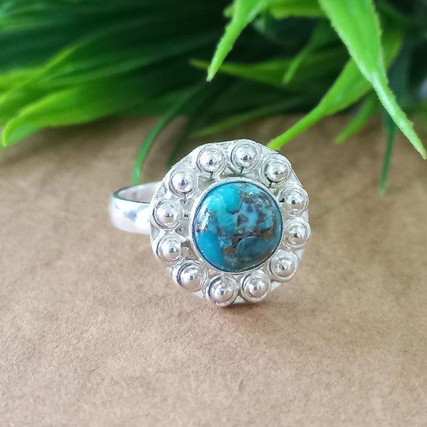 925 Sterling Silver Statement Ring, NEW ARRIVAL Natural Blue Copper Turquoise Round Silver Ring, Turquoise Silver Ring, Gemstone Ring,