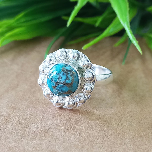 925 Sterling Silver Statement Ring, NEW ARRIVAL Natural Blue Copper Turquoise Round Silver Ring, Turquoise Silver Ring, Gemstone Ring,