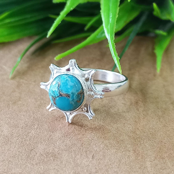 925 Sterling Silver Statement Ring, NEW ARRIVAL Natural Blue Copper Turquoise Round Silver Ring, Turquoise Silver Ring, Gemstone Ring,