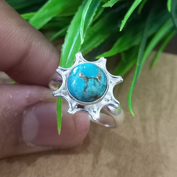925 Sterling Silver Statement Ring, NEW ARRIVAL Natural Blue Copper Turquoise Round Silver Ring, Turquoise Silver Ring, Gemstone Ring,