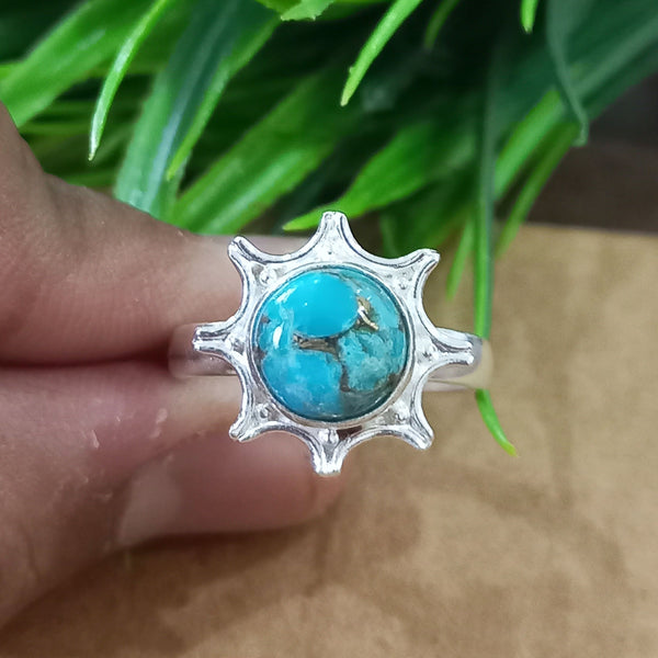 925 Sterling Silver Statement Ring, NEW ARRIVAL Natural Blue Copper Turquoise Round Silver Ring, Turquoise Silver Ring, Gemstone Ring,