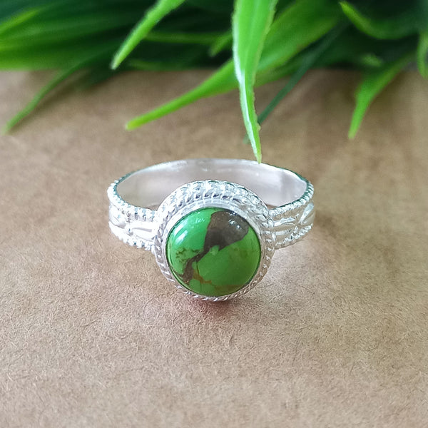 925 Sterling Silver Statement Ring, NEW ARRIVAL Natural Green Copper Turquoise Round Silver Ring, Turquoise Silver Ring, Gemstone Ring,