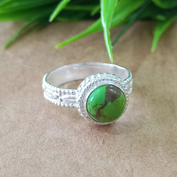 925 Sterling Silver Statement Ring, NEW ARRIVAL Natural Green Copper Turquoise Round Silver Ring, Turquoise Silver Ring, Gemstone Ring,