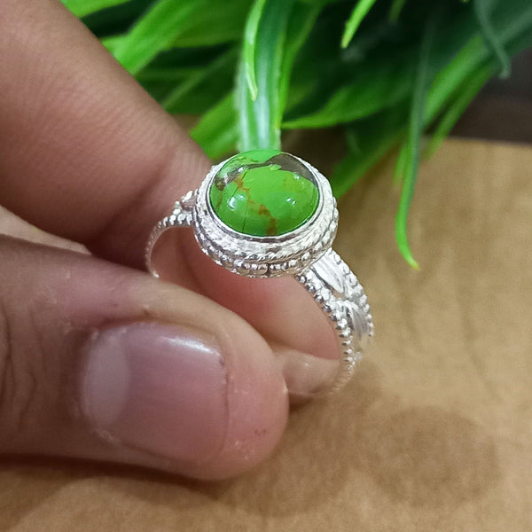 925 Sterling Silver Statement Ring, NEW ARRIVAL Natural Green Copper Turquoise Round Silver Ring, Turquoise Silver Ring, Gemstone Ring,