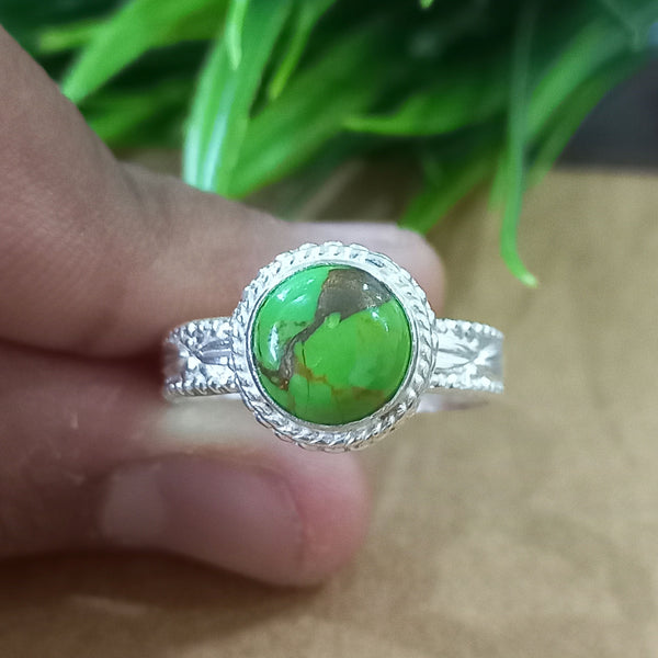 925 Sterling Silver Statement Ring, NEW ARRIVAL Natural Green Copper Turquoise Round Silver Ring, Turquoise Silver Ring, Gemstone Ring,