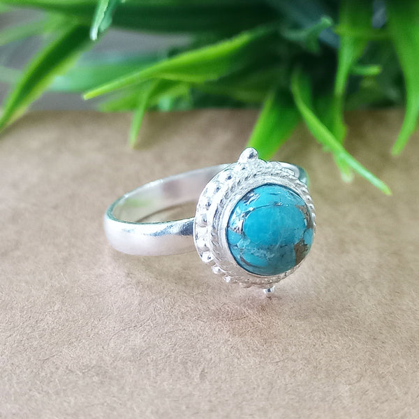 925 Sterling Silver Statement Ring, NEW ARRIVAL Natural Blue Copper Turquoise Round Silver Ring, Turquoise Silver Ring, Gemstone Ring,