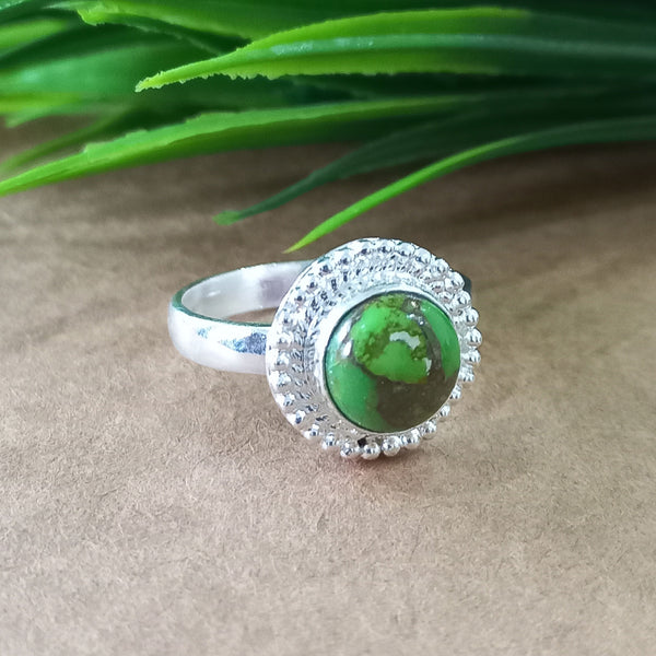925 Sterling Silver Statement Ring, NEW ARRIVAL Natural Green Copper Turquoise Roun