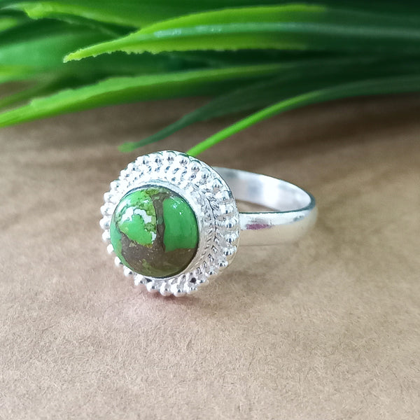 925 Sterling Silver Statement Ring, NEW ARRIVAL Natural Green Copper Turquoise Roun