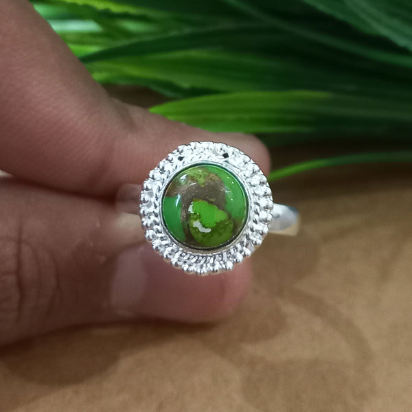 925 Sterling Silver Statement Ring, NEW ARRIVAL Natural Green Copper Turquoise Roun